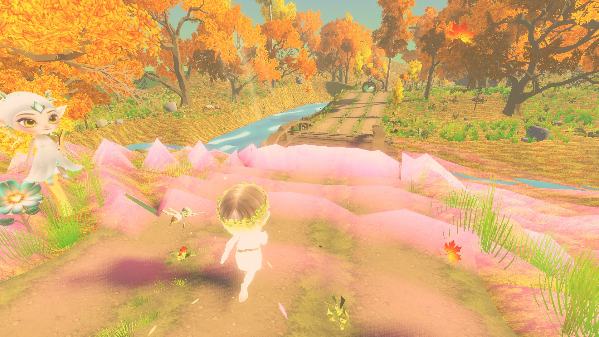 Un BLOOMBURST nel bosco d'autunno: un'onda di colore rosa rotola sul sentiero accanto a un fiume con un ponticello, e Pip ci corre proprio in mezzo.