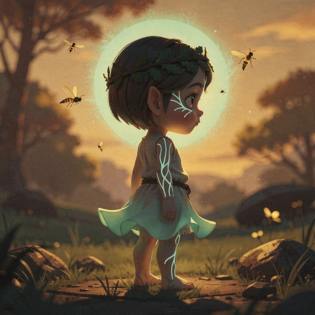 Pip, una bambina del bosco con disegni luminosi come le venature di una foglia, sta in un prato all'alba dorata. Dietro la sua testa brilla un morbido alone color menta, e le api le volano intorno.